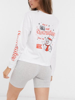 Asos Design Christmas Chill Snowmies Slouchy Long Sleeve Tee & Legging Short Pajama Set In White & Gray