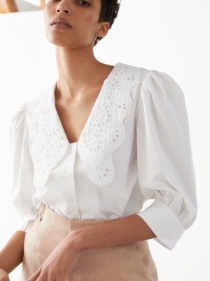 Embroidered Collar Puff Sleeve Shirt