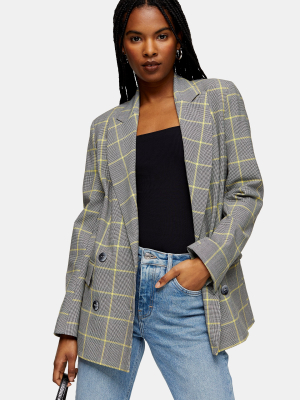 Gray And Yellow Check Double Breasted Blazer