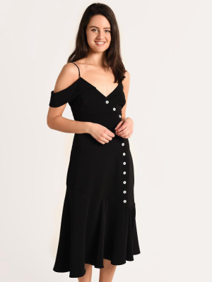 Monique Lhuillier Off Shoulder Crepe Dress With Button Detail