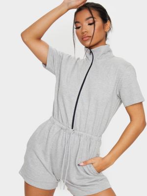 Grey Short Sleeve Zip Detail Sweat Romper