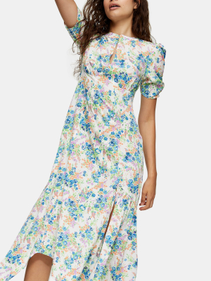 Ivory Floral Ruched Sleeve Midi Dress