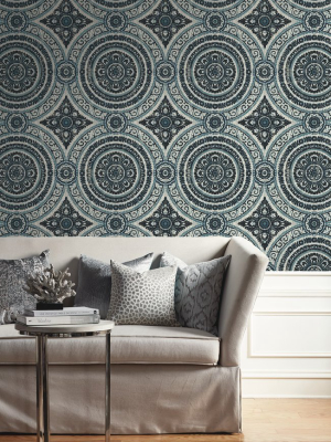 Ornate Round Tile Wallpaper In Black And Blue From The Caspia Collection By Wallquest