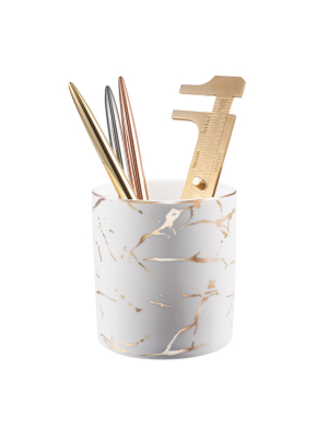 Zodaca Pen Holder, Ceramic Marble Pencil Cup Desk Organizer Makeup Brushes Holder With Gold Accent, White Golden