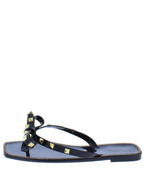 Jinx02a Black Rock Stud Bow Open Toe Thong Slide Sandal