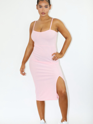 Baby Pink Rib Square Neck Strappy Split Midi Dress