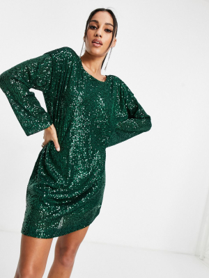 Asos Design Padded Shoulder Long Sleeve V Back Sequin Mini Dress In Forest Green