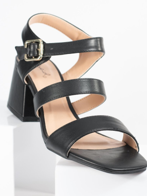 Black Leatherette Strap Katen Heel Sandals