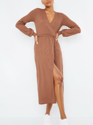 Chocolate Rib Tie Waist Long Sleeve Maxi Dress