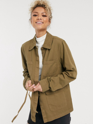 Pieces Utility Jacket With Tie Waist In Khaki