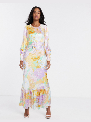 Asos Design Belted Maxi Tea Dress With Balloon Sleeve In Floral Print