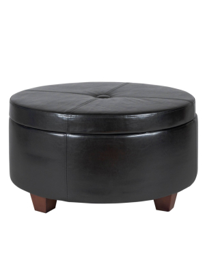 Winston Large Round Button Top Storage Ottoman Faux Leather Black - Homepop