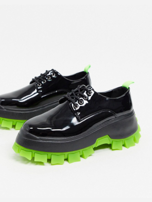 Asos Design Lace Up Shoes In Black Faux Leather With Green Cleated Sole