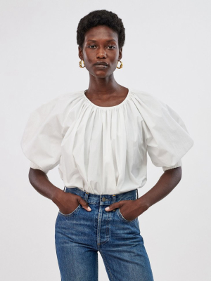 Gathered Sleeve Blouse In Cotton - White