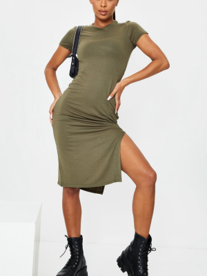 Khaki Cap Sleeve Split Side Midi Dress