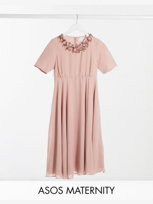 Asos Design Maternity Crop Top Embellished Neckline Midi Dress In Rose Gold