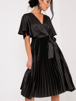 Mairee Black Satin Pleated Midi Dress