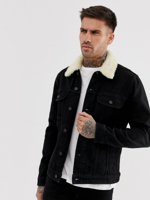Asos Design Denim Jacket With Detachable Fleece Collar In Black