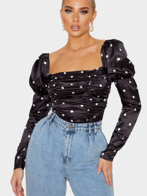 Black Polka Dot Satin Puff Sleeve Ruched Bodice...