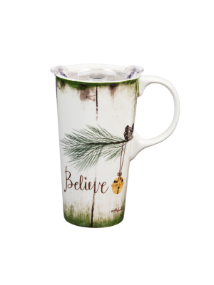 Cypress Home Beautiful Holiday Believe Ceramic Travel Cup With Tritan Lid And Matching Box - 4 X 5 X 7 Inches Indoor/out