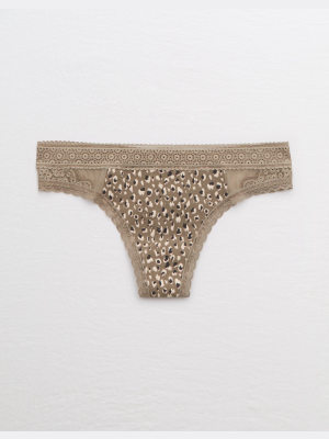 Aerie Queens Lace Cotton Thong Underwear