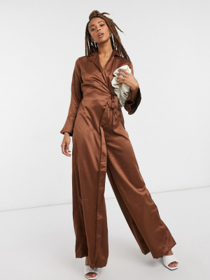 Verona Jumpsuit With Wrap Front Detail In Chocolate