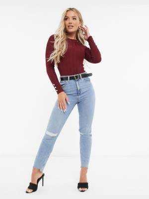 Missguided Bodysuit With Button Cuff In Burgundy