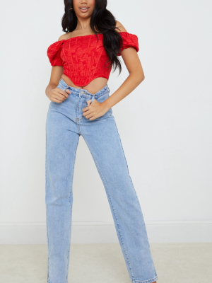 Red Woven Embossed Jacquard Short Puff Sleeve...