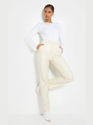 Cream Faux Leather Pintuck Detail Straight Leg...