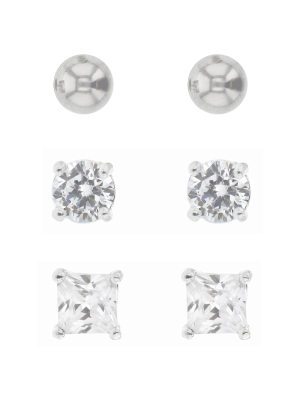 Cubic Zirconia And Sterling Silver Round And Square Earring Set 3pc - A New Day™ Silver/clear