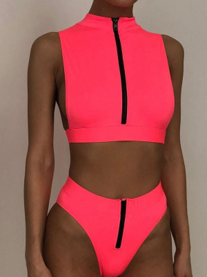 Neon High Waist Zipper Front High Neck Bikini Swimsuit - Two Piece Set