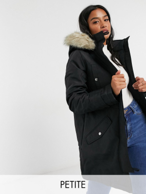 Vero Moda Petite Parka With Faux Fur Hood In Black