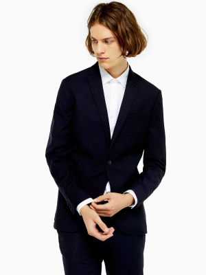 Navy Pin Dot Skinny Fit Single Breasted Suit Blazer With Notch Lapels