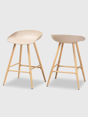 Set Of 2 Mairi Plastic And Wood Counter Height Barstools Beige/natural - Baxton Studio