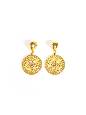 Vintage Gold Lion Disc Statement Earrings