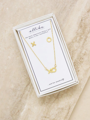 Hugs And Kisses 18k Gold Plated Xo Necklace & Earring Stud Boxed Set