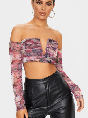 Pink Mesh Print V Wire Bardot Crop Top