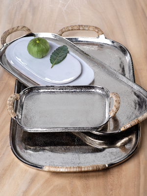 Mauritius Raw Aluminum Tray W/cane Wrapped Handles