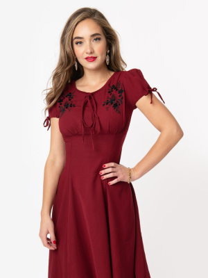 1940s Burgundy & Black Embroidered Floral Ava Swing Dress