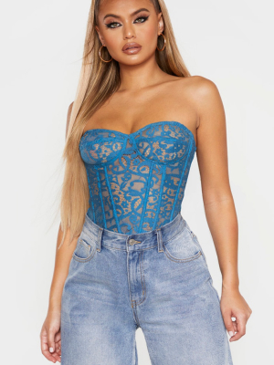 Petrol Blue Sheer Lace Structured Corset Top