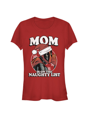 Junior's Marvel Christmas Deadpool Mom On Naughty List T-shirt