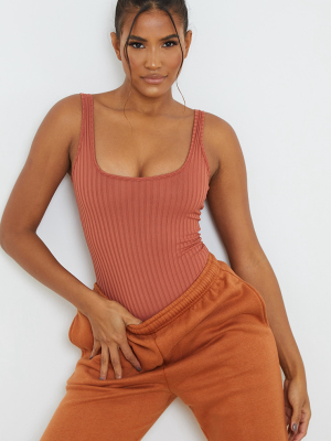 Rust Rib Scoop Neck Sleeveless Bodysuit