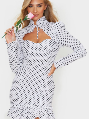 White Polka Dot Cup Frill Detail Bodycon Dress