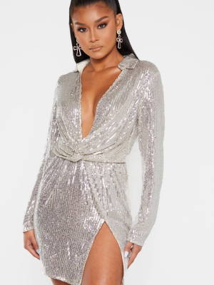 Silver Sequin Embellished Deep Plunge Blazer...