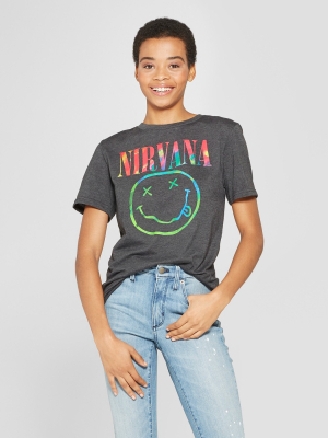 Women's Nirvana Neon Smile Short Sleeve Boyfriend Graphic T-shirt (juniors') - Black