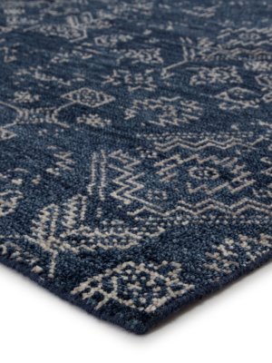 Azuma Hand-knotted Tribal Dark Blue & Light Gray Rug