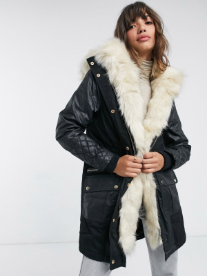 River Island Faux-leather Quilted Parka Coat In Black