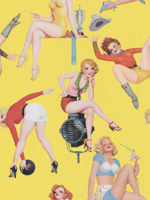 Pin-up Girls Wallpaper In Yellow And Multi From The Eclectic Collection By Mind The Gap