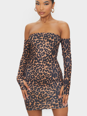 Tan Leopard Print Bardot Thumbhole Bodycon Dress