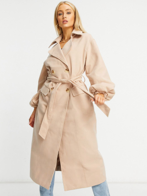 Missguided Formal Longline Coat With Balloon Sleeves In Tan